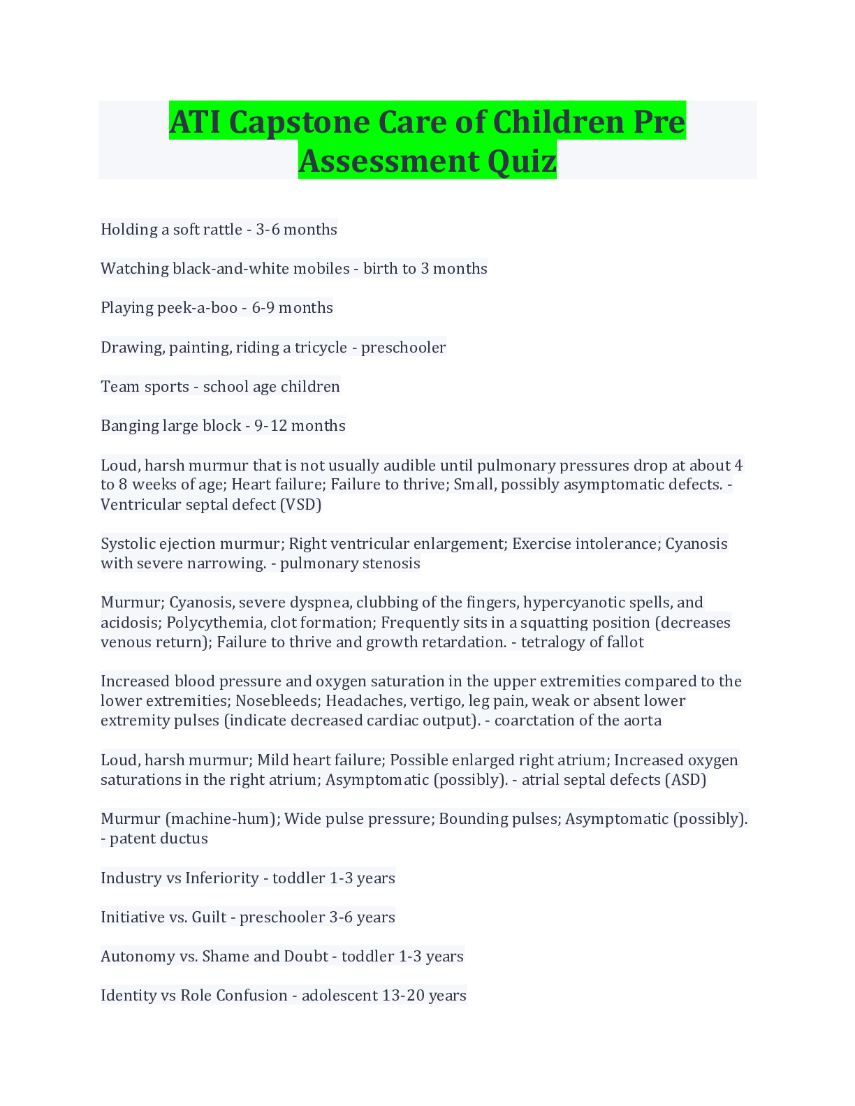 Preview image for ATI Capstone Care of Children Pre Assessment Quiz/ Questions And Answers. Latest Update Download.